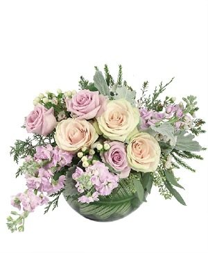 A pastel arrangement of cream and lavender roses
